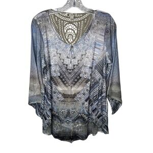 Unity World Wear Womens L Blue Paisley Crochet Lace 3/4 Sleeve‎ Blouse Top Boho